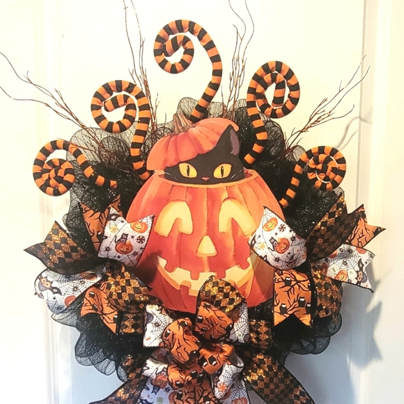 Hand Crafted Other - Halloween Cat Pumpkin Deco Mesh Bows